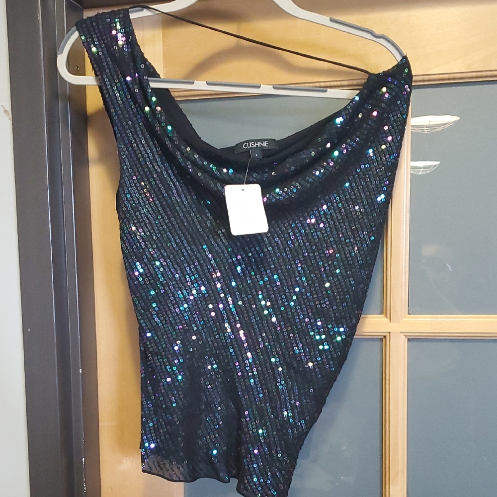 Cushnie Black Green Sequin Asymmetrical One Shouder Tank Top